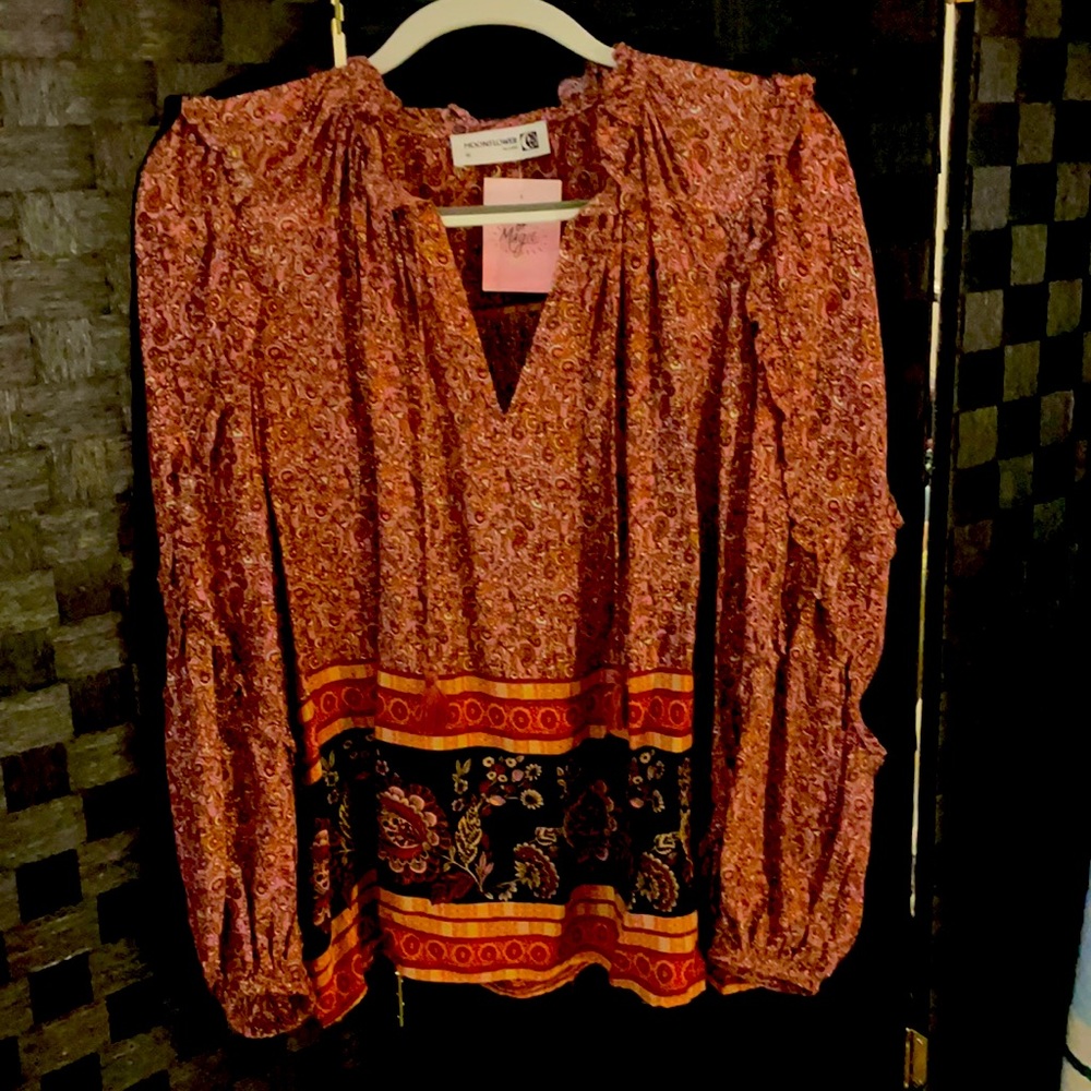 Moonflower Peasant Blouse w/Tassel v-neck floral, Medium (Rose/Blk)